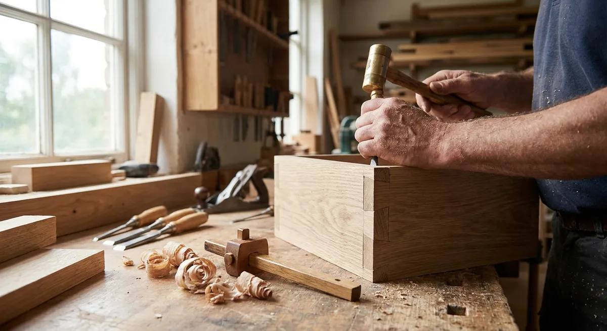 Hand-cut dovetail joints on an oak drawer