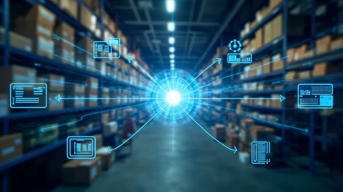 Connected business systems showing sales, stock, production and finance linked through one central ERP hub.