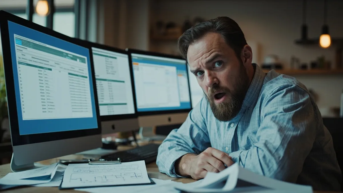Overwhelmed small business owner juggling duplicate orders across multiple software screens and paper records.
