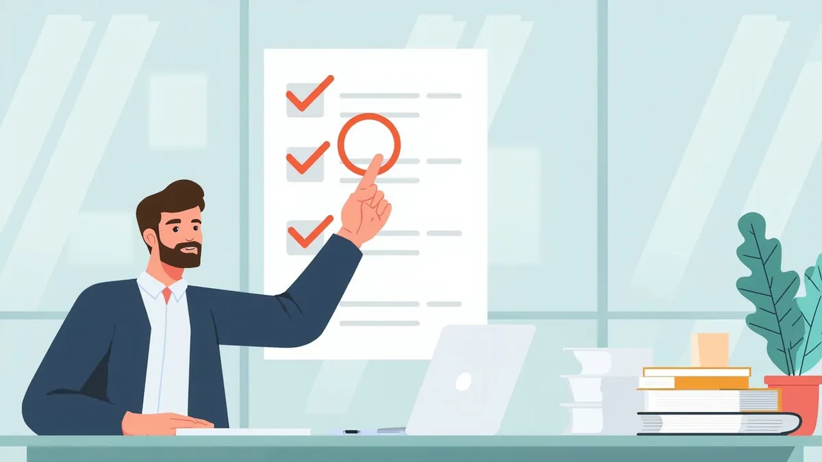 Business owner focusing on one circled task on a checklist, with other tasks faded out.