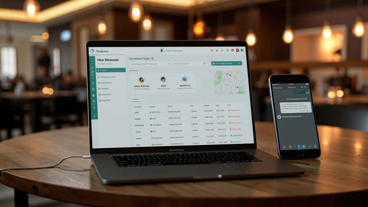 Restaurant booking dashboard with AI assistant handling reservations in multiple languages on phone and laptop