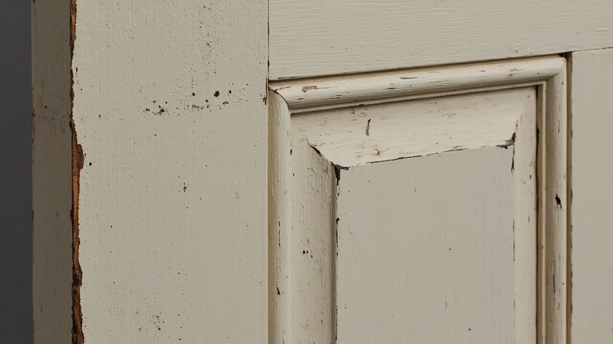Painted Victorian door stuck in its frame, with thick paint layers filling the panel mouldings.