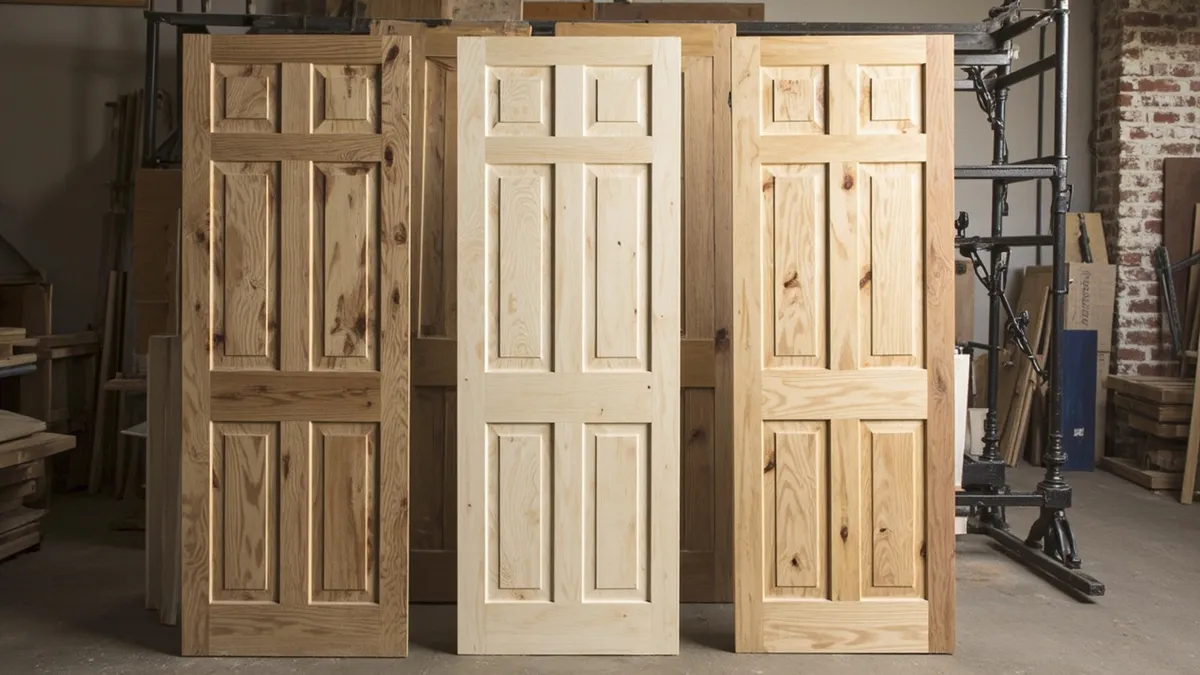 Three stripped Victorian pine and oak doors standing in a restoration workshop.