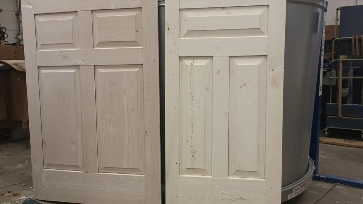 A stripped pine door hanging beside a paint-stripping bath in a Yorkshire workshop.