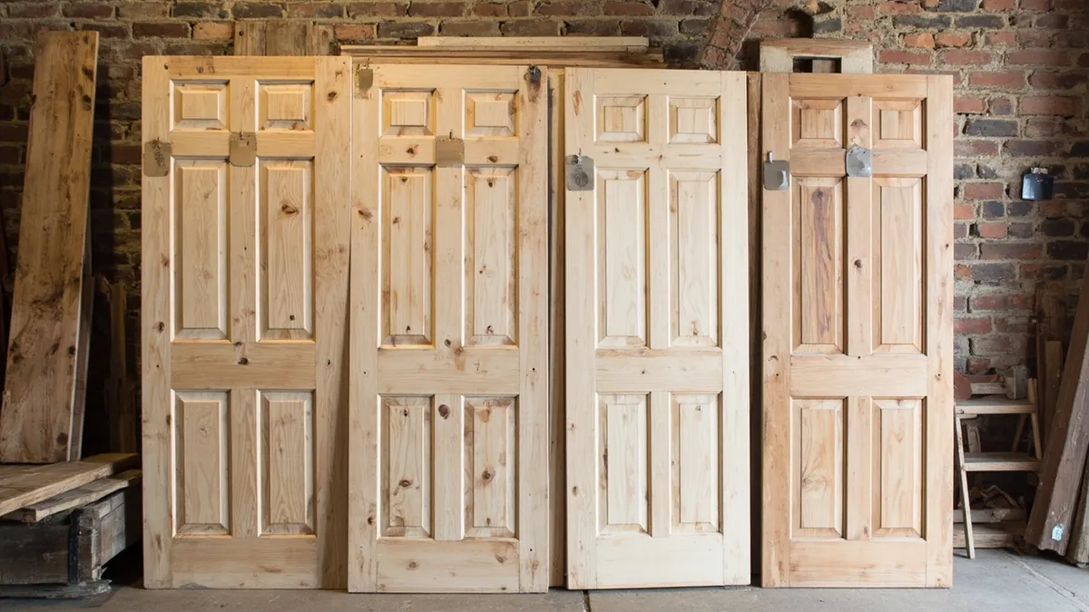 Several stripped pine four-panel doors leaning against a workshop wall with price tags.