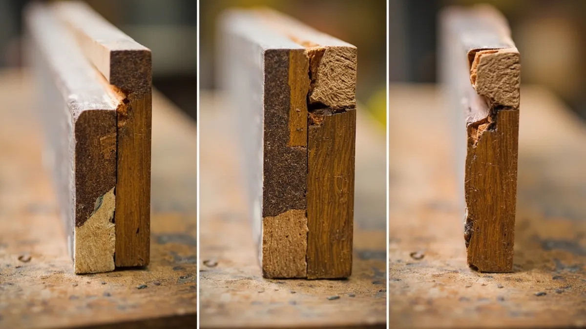 Three sections of timber showing decayed wood cut back and made good with new timber