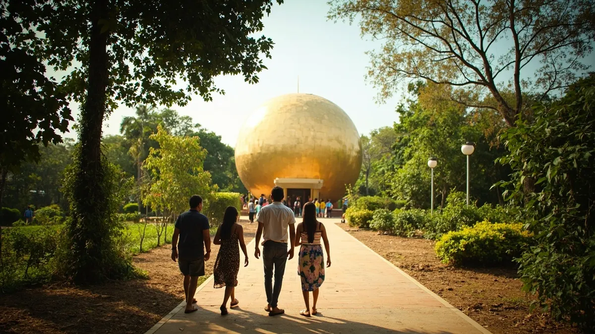 Visitors walking a shaded path toward the golden Matrimandir dome at Auroville.
