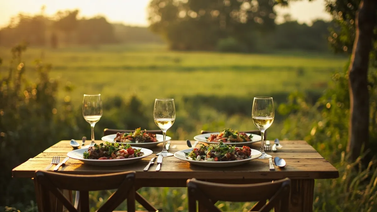 Outdoor farm-to-table café at Solitude Farm with fresh vegetarian dishes.