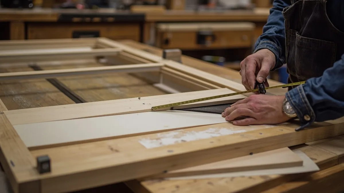 Joiner measuring a sash window opening with a tape measure to record dimensions for a hand-made replacement sash.