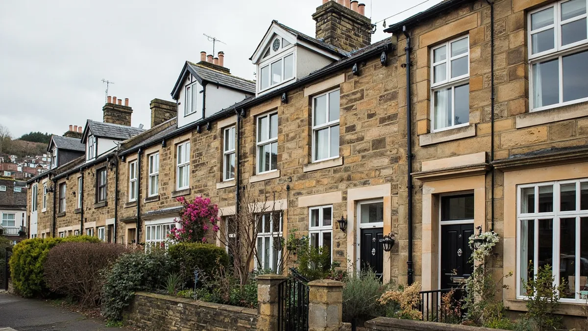 Stone-built Yorkshire terrace houses with original sash window frames set into deep masonry reveals.