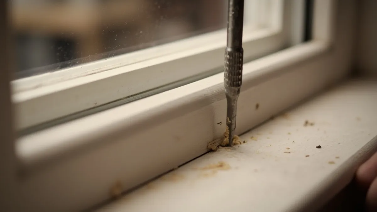 Screwdriver probing a weathered sash window cill to test the timber for rot during inspection.