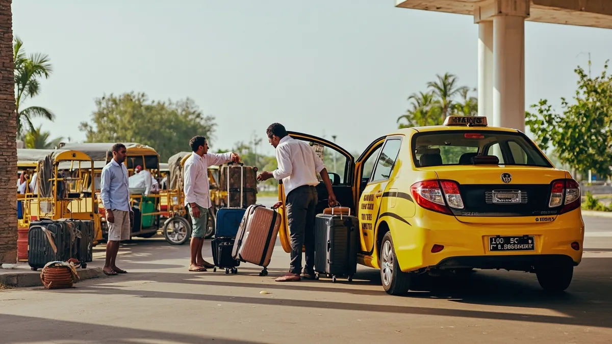 Taxi and auto-rickshaw options waiting outside the Pondicherry Airport terminal for the 6 km ride into town.
