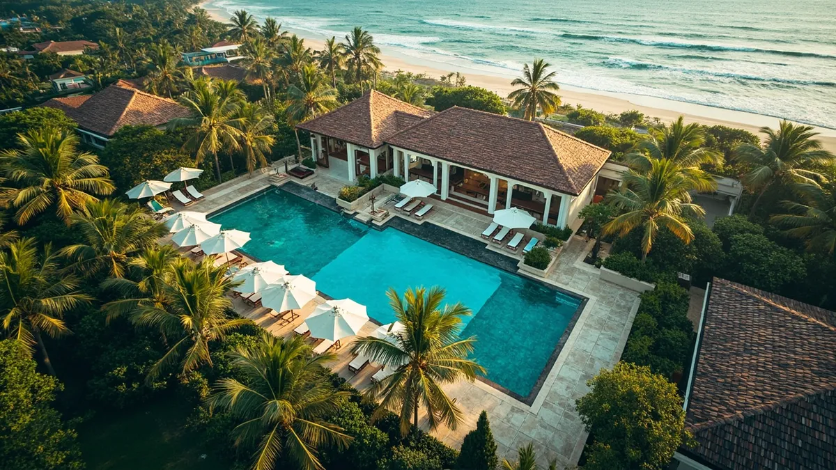 Aerial view of a beachside boutique resort with a large swimming pool near Chettikuppam on the Pondicherry coast.
