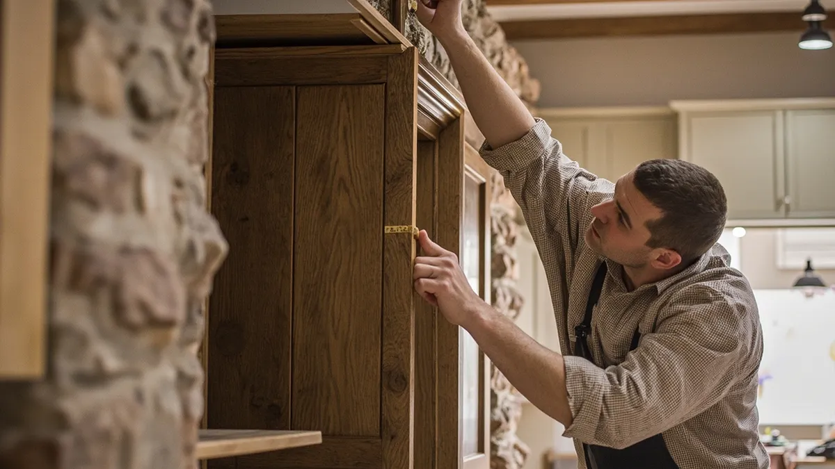 Carpenter fitting a tall oak cabinet into an alcove next to a Victorian chimney breast.