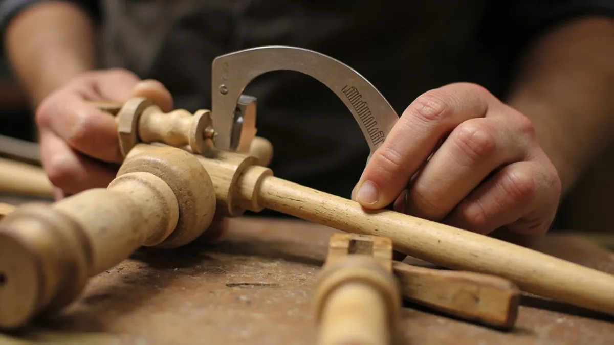 Vernier callipers measuring the square section of a removed Victorian staircase spindle.