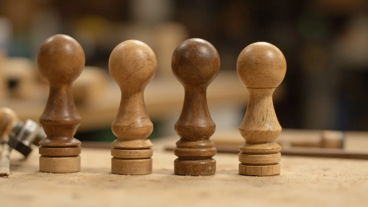 Side-by-side comparison of oak, ash, sapele, and pitch pine timber offcuts in daylight.