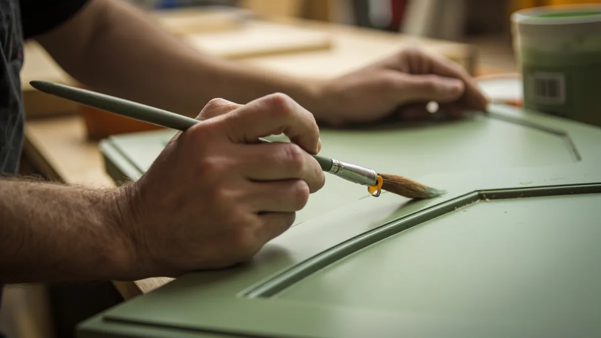 Craftsman hand-painting a sage green shaker cabinet door in a workshop.