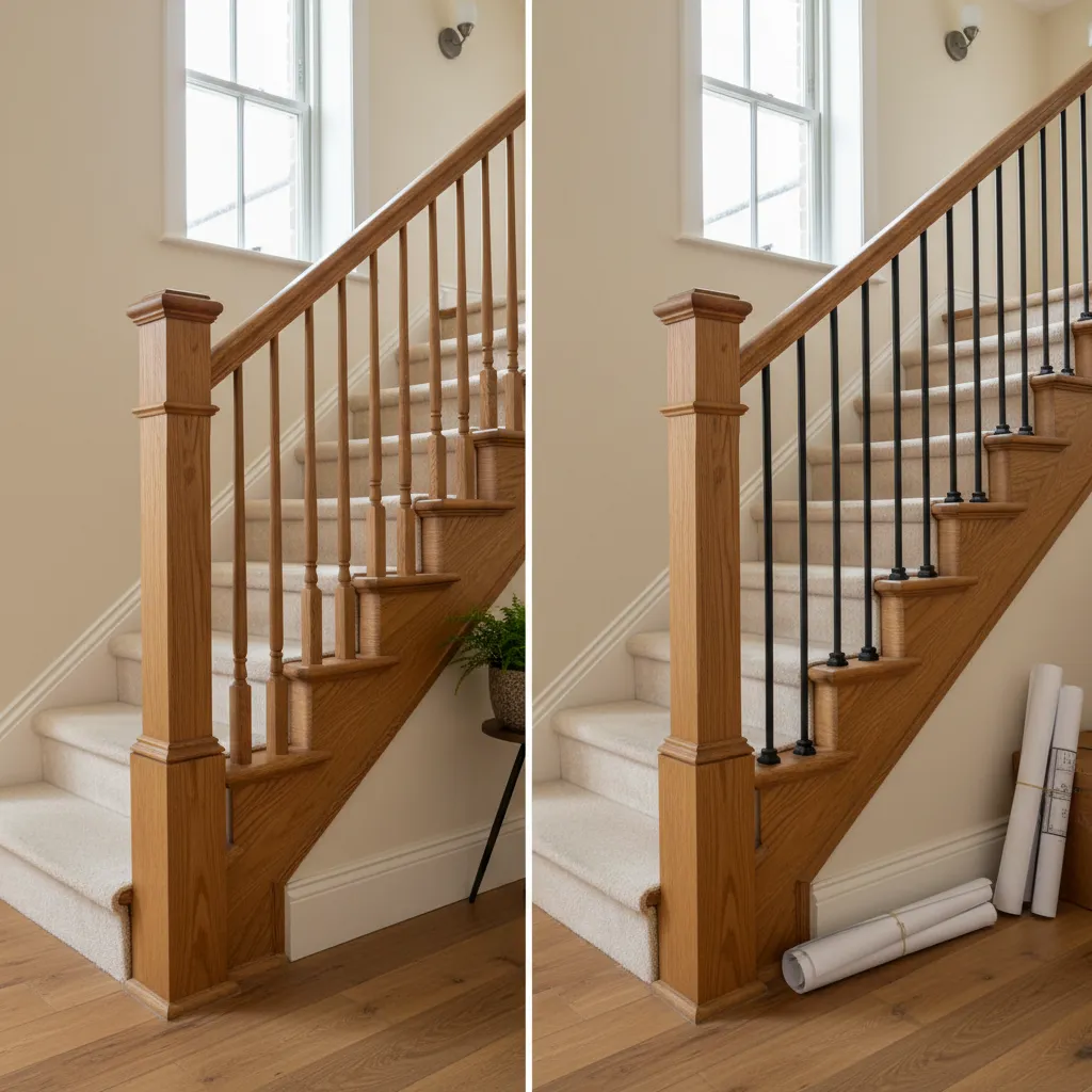 Staircase comparison of traditional wooden spindles replaced with modern black wrought iron balusters under an oak handrail.