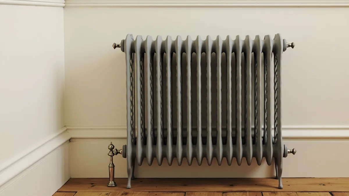 Restored Victorian cast-iron radiator hanging in a period room.