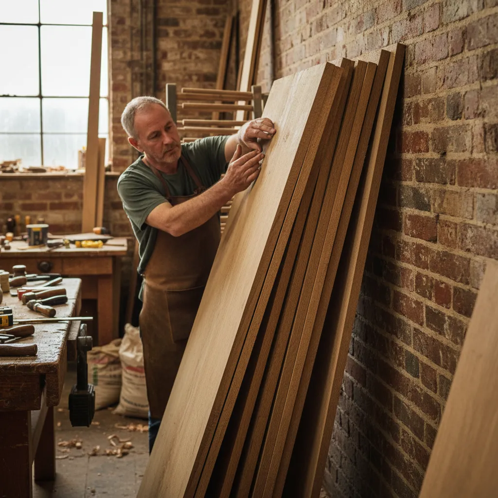 Quarter-sawn oak boards showing vertical growth rings that resist warping in a Yorkshire workshop.