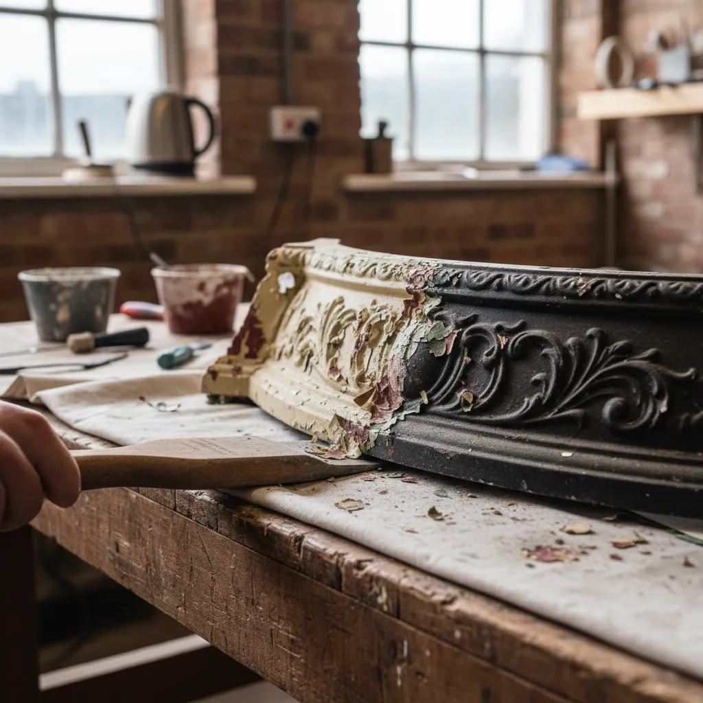 Victorian cast iron fireplace with wrinkled paint being scraped off to expose bare metal beneath
