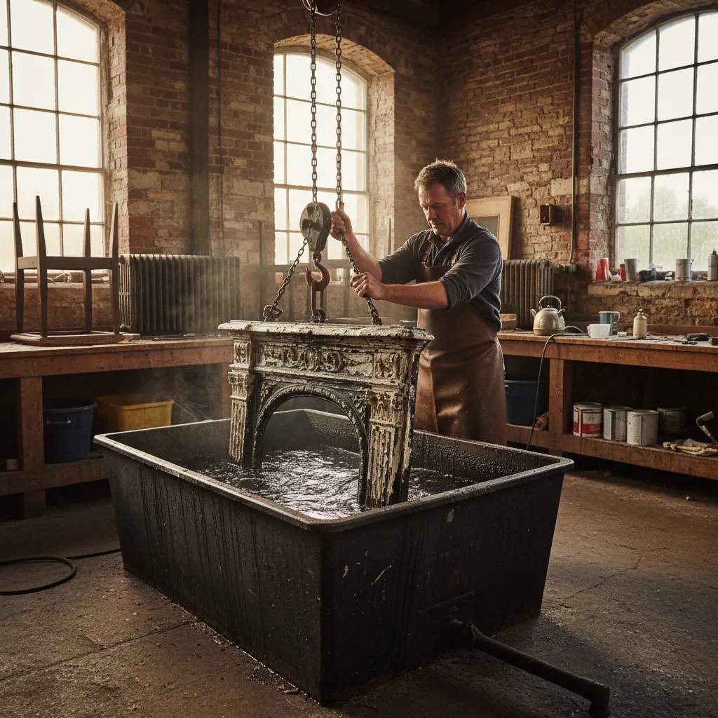 Craftsman lowering an ornate cast iron fireplace surround into a dip-strip tank in a workshop