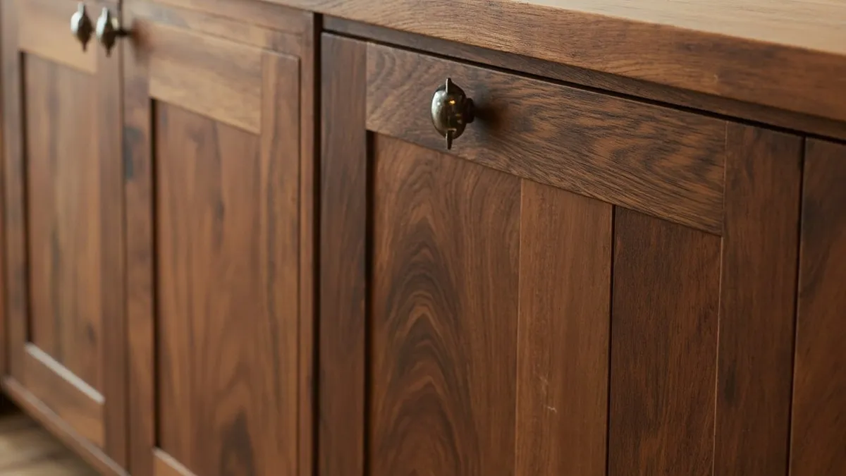 Close-up of walnut kitchen cabinets and worktop showing deep brown grain and warm tones.