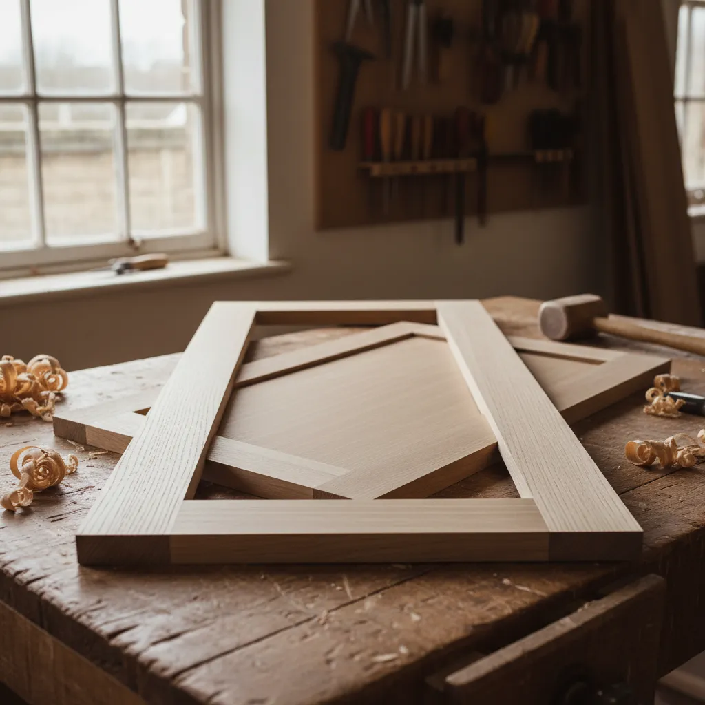 Close-up of a five-piece shaker door with square edges and a recessed centre panel on a joiner's workbench.