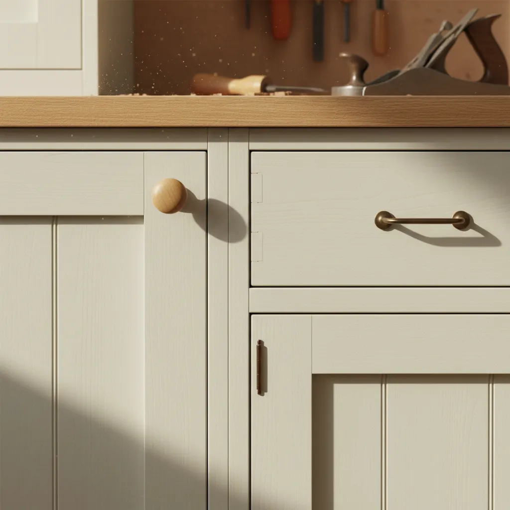 In-frame shaker cabinetry with a dovetailed drawer and simple round wooden knob.