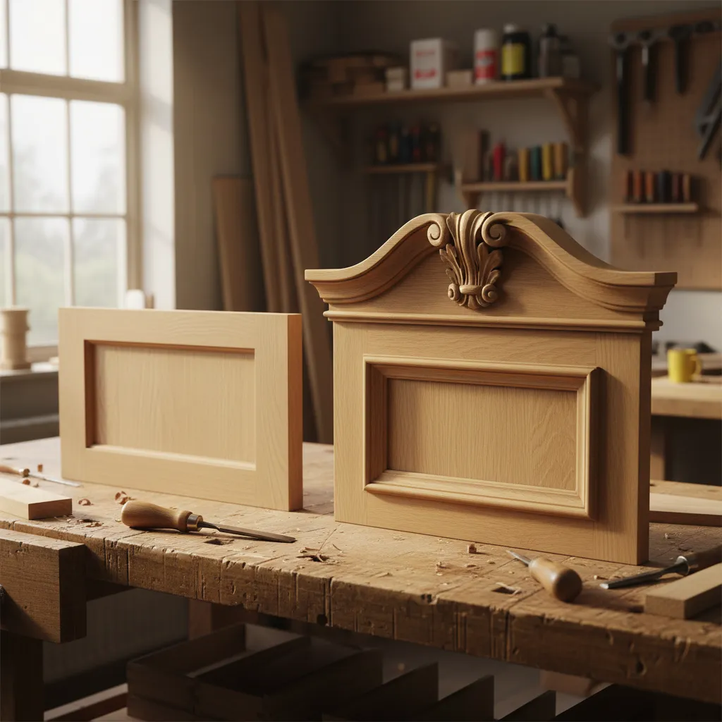 Side-by-side comparison of a plain shaker drawer front and an ornate traditional drawer front on a workbench.