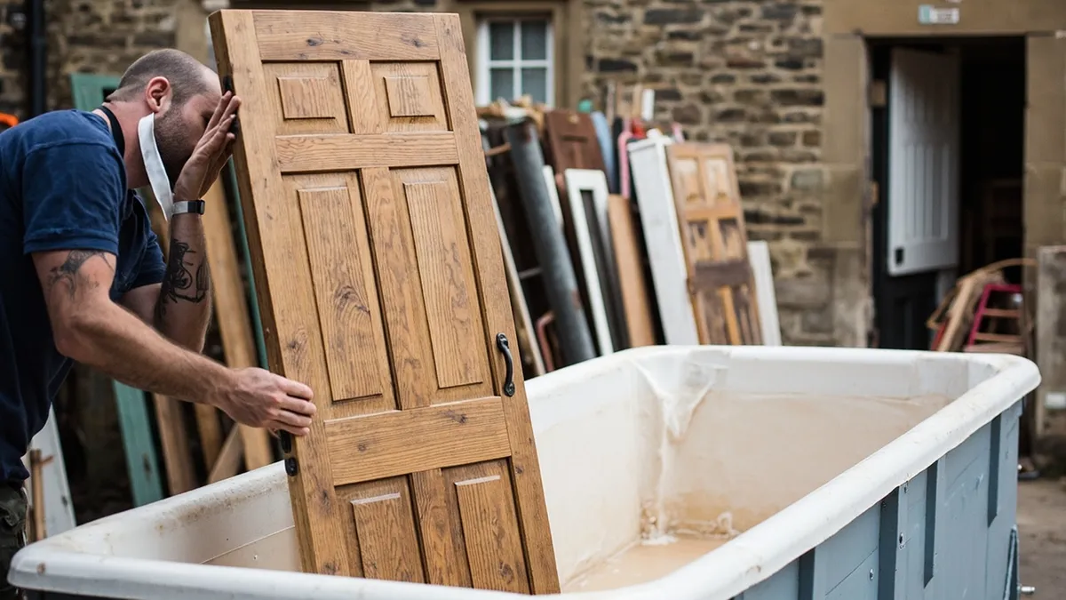A panel pine door being lowered into a stripping tank at a Yorkshire workshop, with other stripped doors stacked behind.