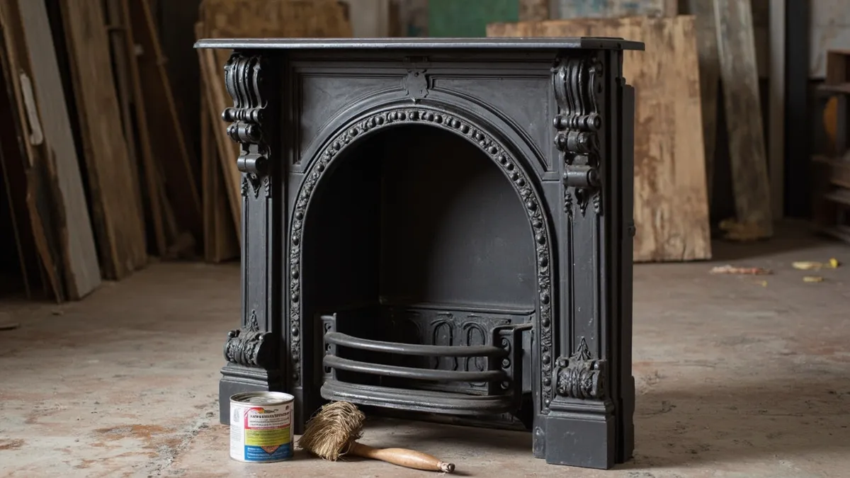 A bare cast-iron Victorian fireplace insert after paint stripping, showing clean scrollwork and recesses.
