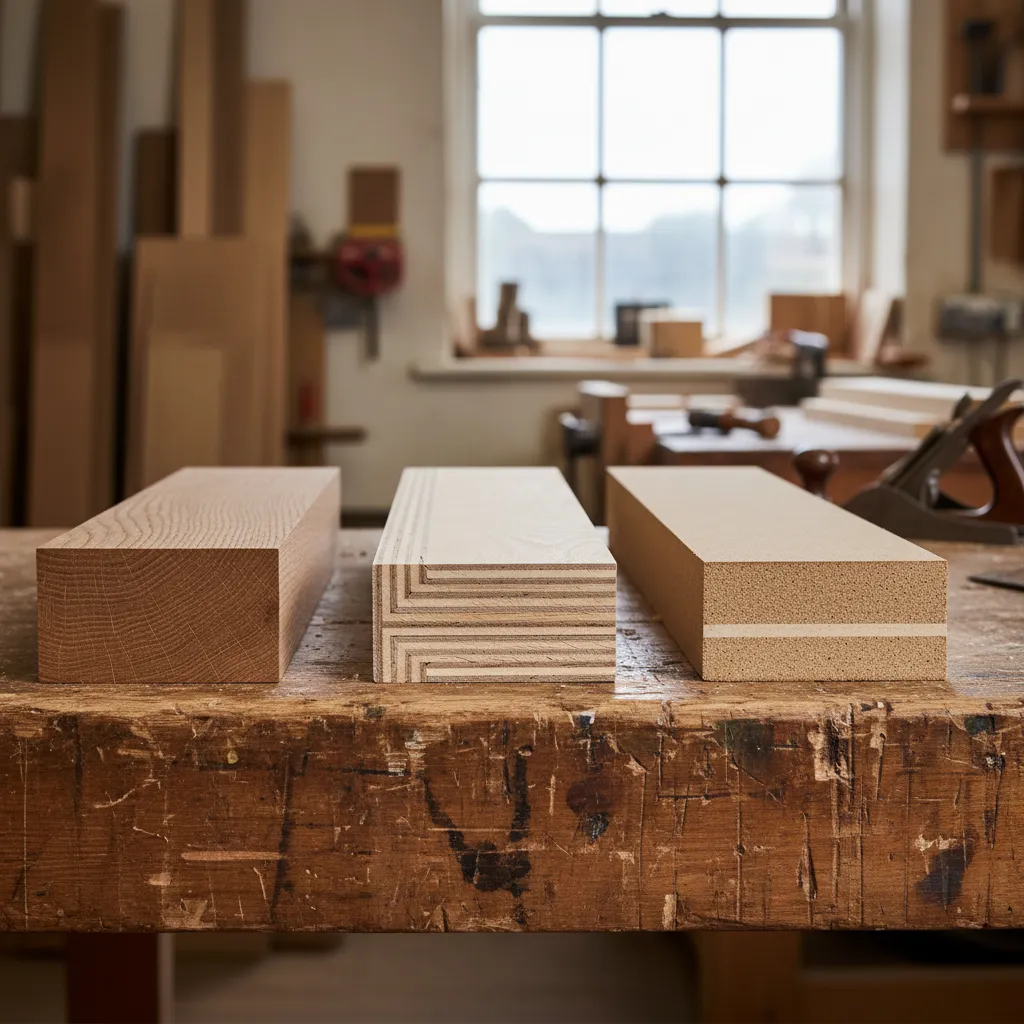 Workshop comparison of solid oak, birch plywood, and MDF cabinet carcass sections on a workbench