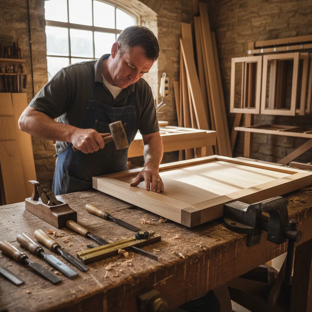 Craftsman fitting a mortise-and-tenon joint on an oak kitchen cabinet door in a workshop