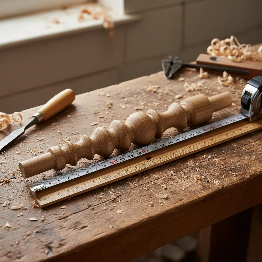 Turned wooden stair spindle measured against a ruler in daylight to capture its full length and dowel size for matching.