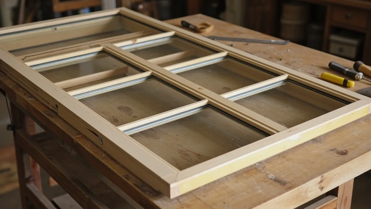 A sash window frame being restored on a joinery workshop bench.