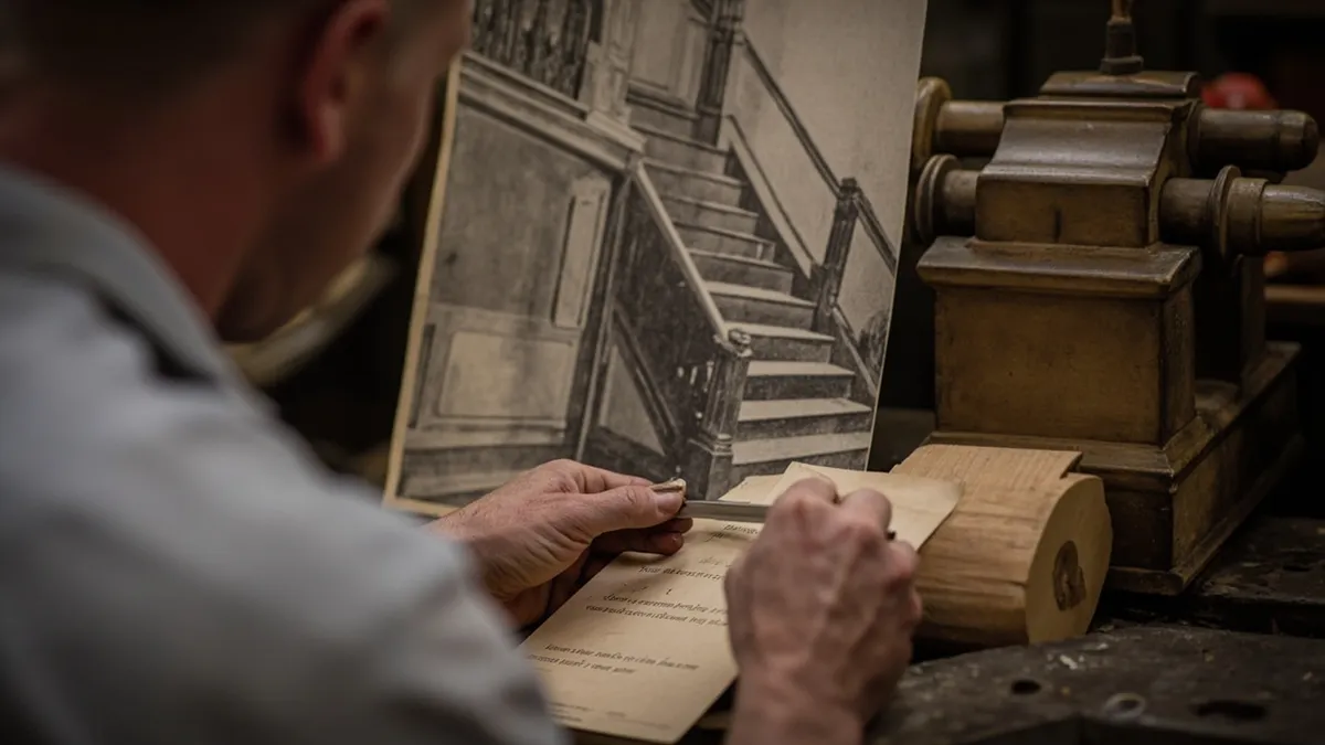 Woodturner matching an old newel post photo to a timber sample on a lathe