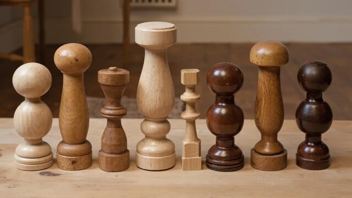 Turned newel posts in oak, ash, pine, hemlock, and sapele beside a period staircase