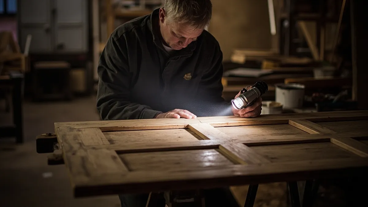 Craftsman inspecting an old wooden door before paint stripping