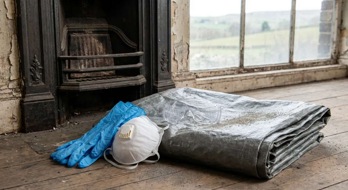 PPE laid out beside a cast iron fireplace: gloves, FFP3 mask, goggles, and a tarpaulin covering the workshop floor.