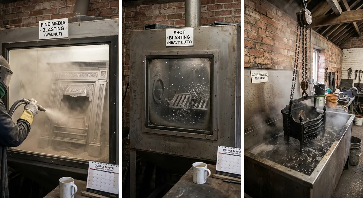 Cast iron fireplace parts being restored by fine-media sandblasting, shot blasting, and bath-dipping side by side.