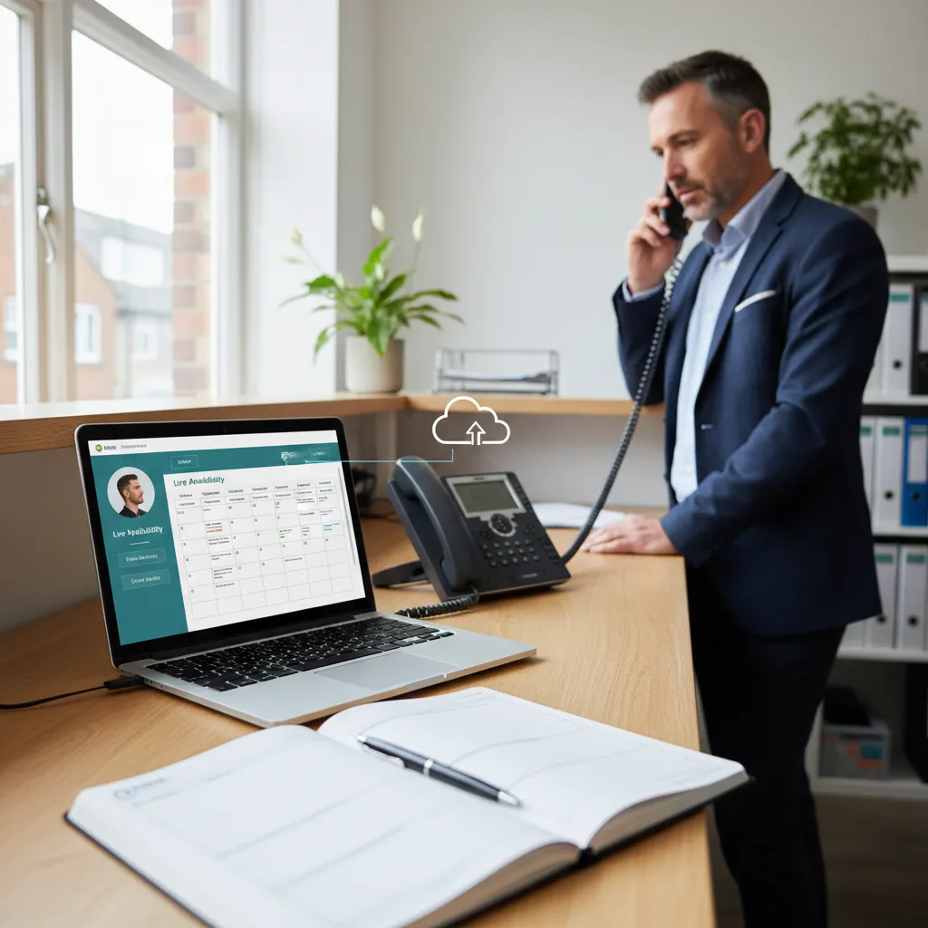 Small business desk showing diary and CRM integration that links an AI receptionist to live availability and customer records