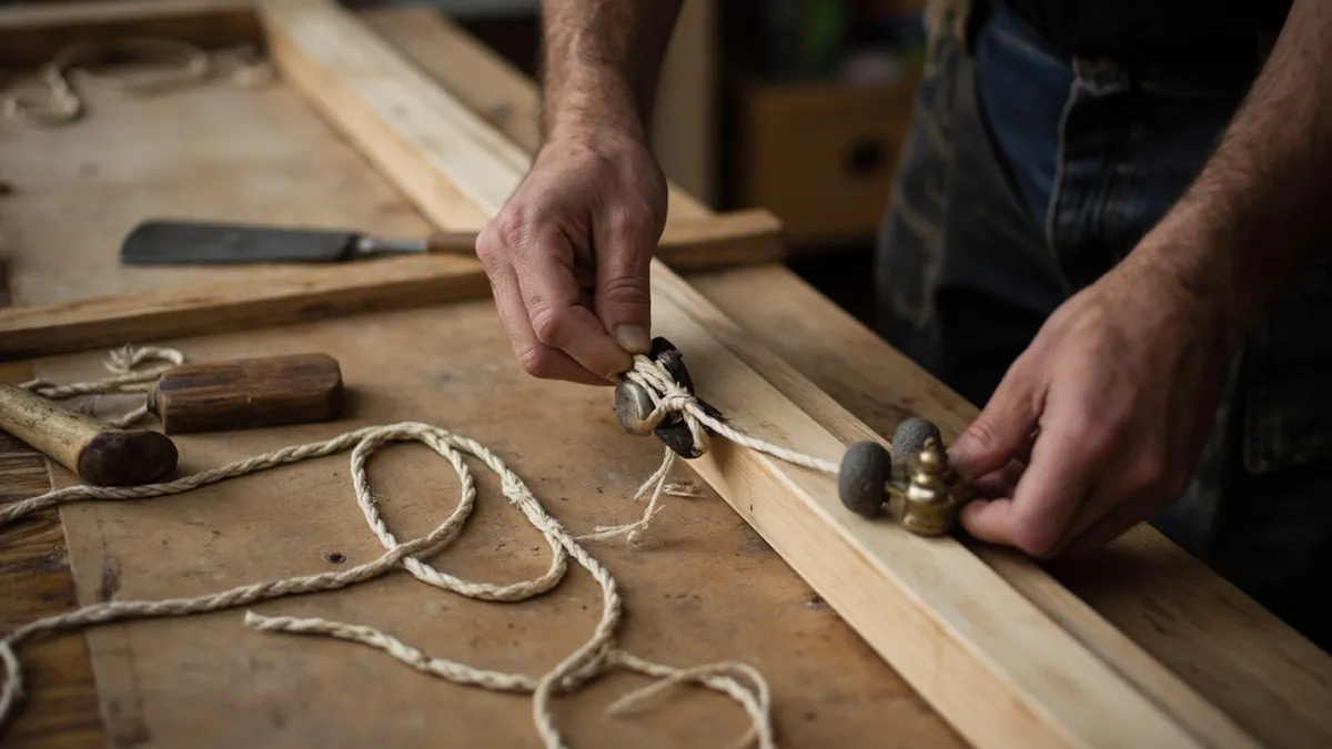 Hands tying a new sash cord to a cast iron weight during sash window repair.