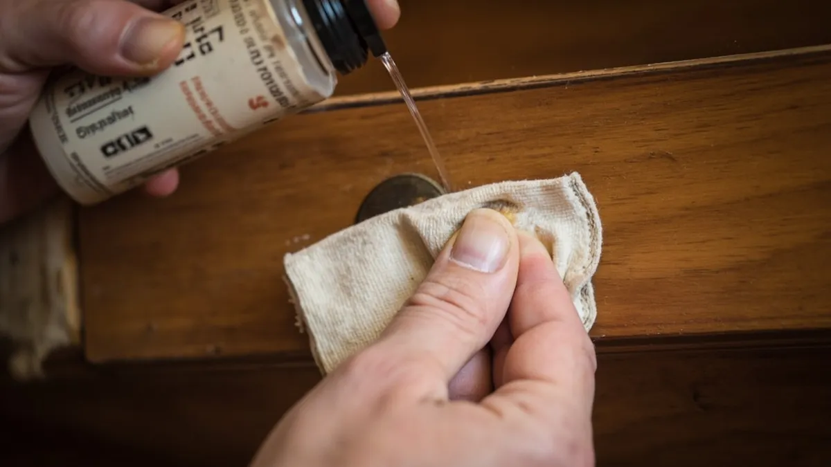 Hand testing an unseen spot inside a drawer with solvent to identify the wood finish.