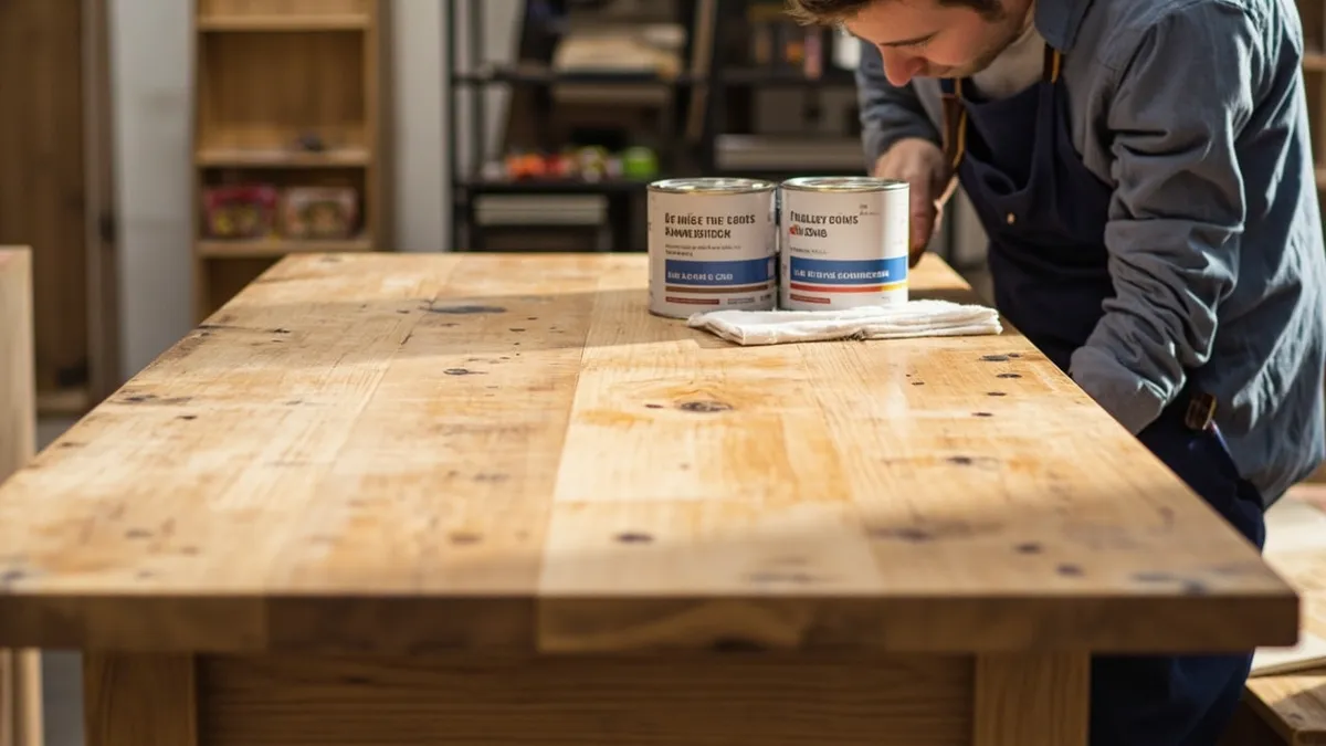 Stripped oak table in a workshop beside tins of hardwax oil and wax, ready for finishing.